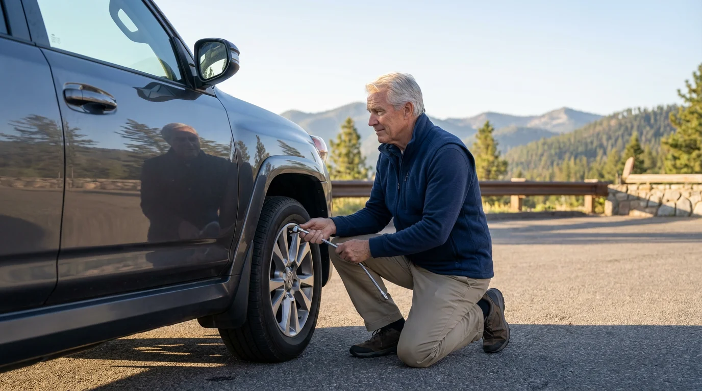 Senior man checking SUV tire pressure at a scenic mountain viewpoint on a road trip.