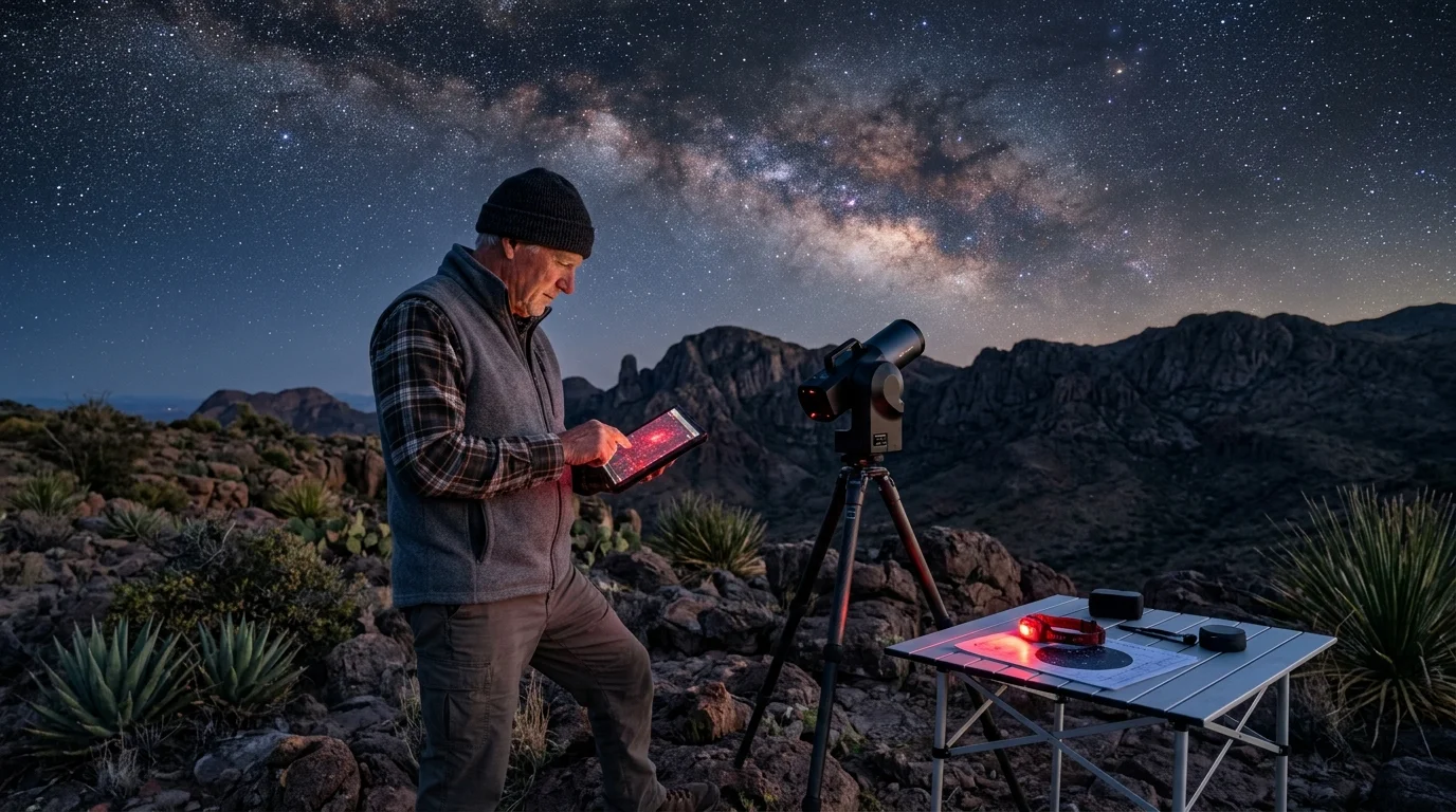 Older man using a tablet beside a smart telescope on a tripod under a starry night sky in a rocky mountain landscape.