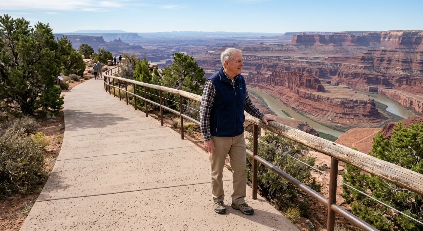 A smiling senior man stands along a paved, railed overlook path viewing a massive red rock canyon and river below.