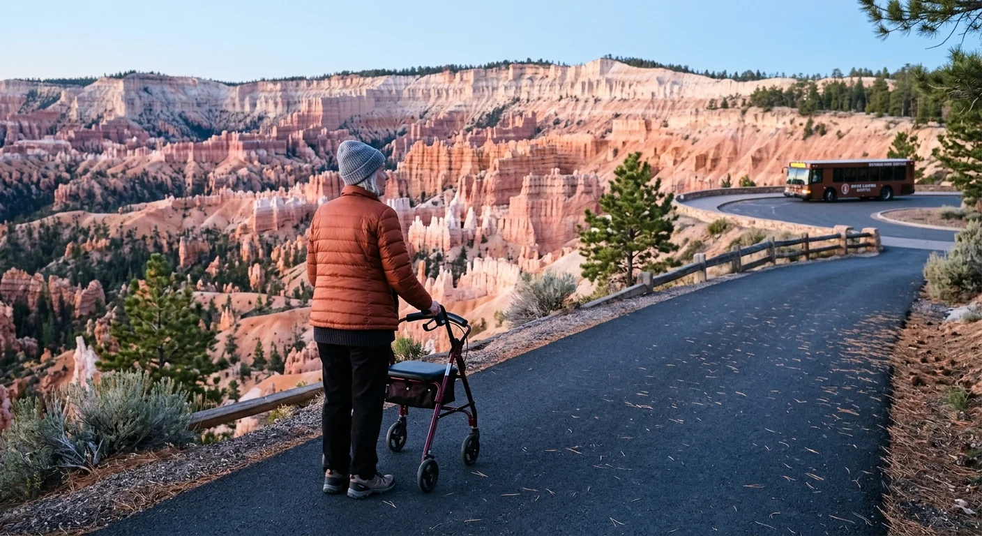 A person using a walker stands on a paved overlook path viewing Bryce Canyon hoodoos as a shuttle bus drives past.