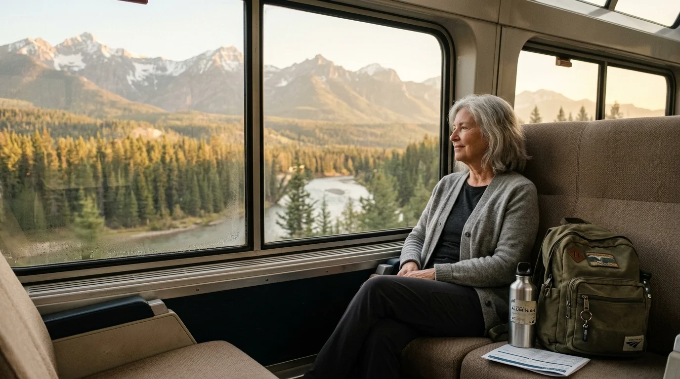 Senior woman looking out a train window at a river, pine forest, and rugged mountain peaks beside her backpack.