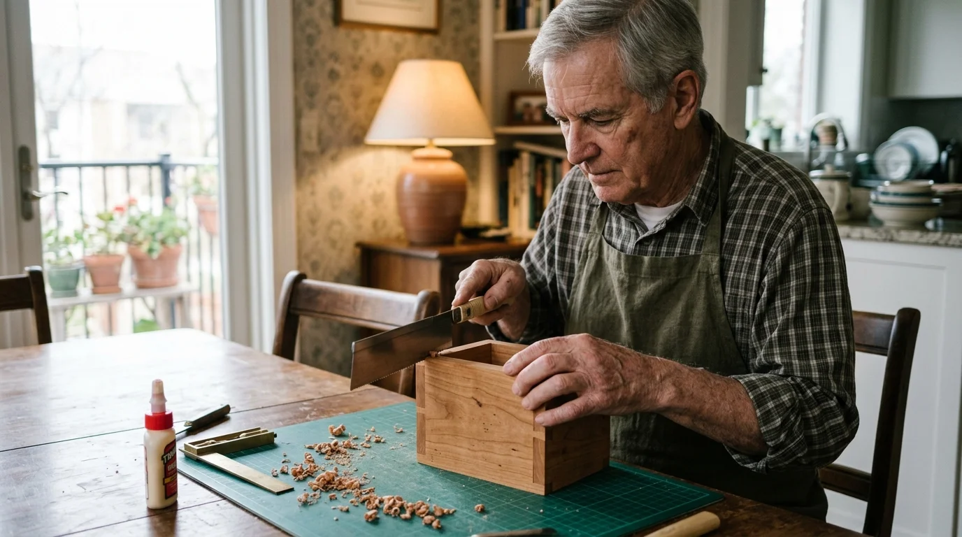 An older man in an apron cuts a small wooden box on a dining table using a Japanese pull saw.