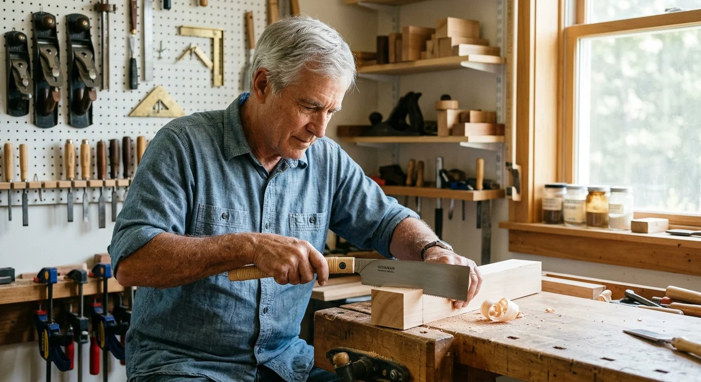 An older man cuts a block of wood using a Japanese pull saw at a workbench in a bright woodworking shop.