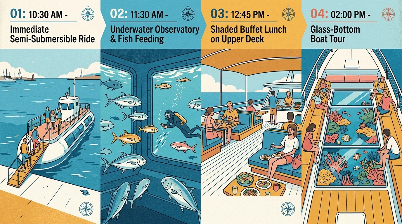 Four-step illustrated timeline showing a semi-submersible boat, underwater observatory, buffet dining, and glass-bottom boat.
