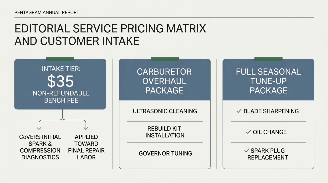 Service pricing matrix diagram outlining a $35 non-refundable bench fee, carburetor overhaul, and seasonal tune-up packages.