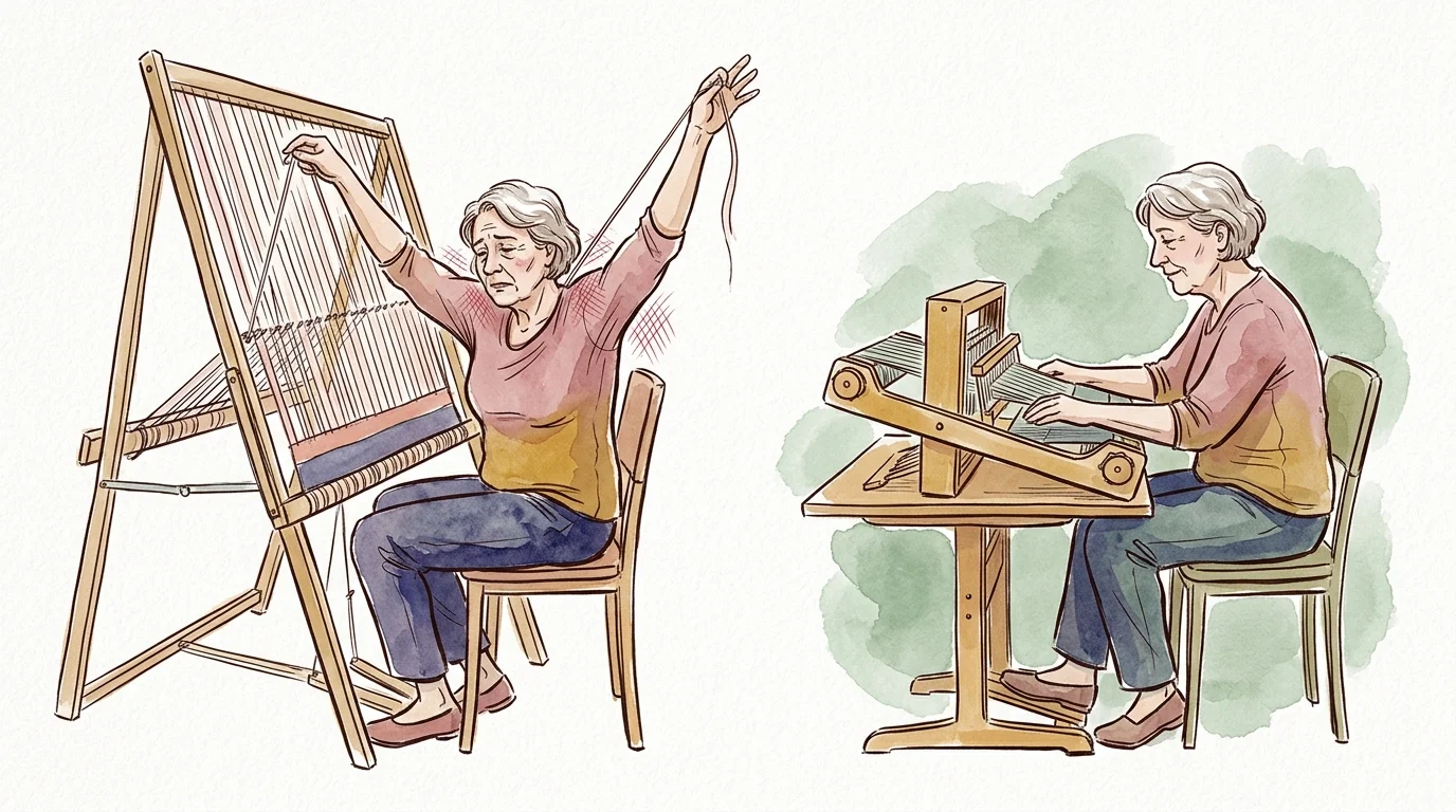 Side-by-side illustration of a weaver straining with raised arms at a tapestry loom versus comfortably using a table loom.