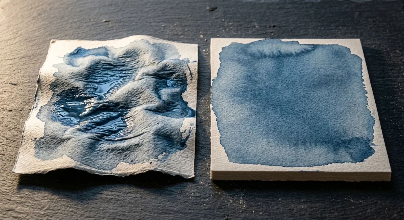 Side-by-side comparison of buckled thin watercolor paper with pooled blue paint beside thick, flat paper with an even wash.