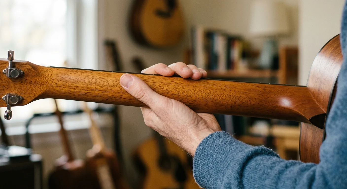 Close-up of a person's hand fretting an acoustic guitar neck, seen from behind with the thumb resting along the wood.