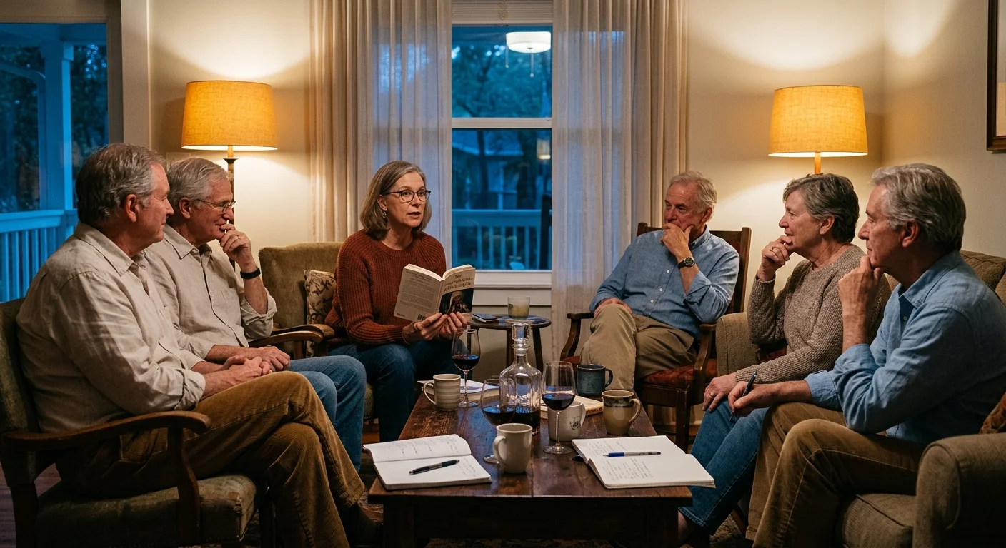 Six older adults sit in armchairs around a coffee table with notebooks, wine, and coffee while a woman reads from a book.