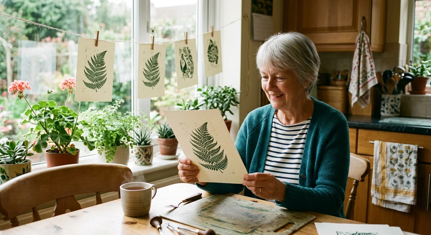 A smiling older woman sits at a kitchen table holding a green fern block print, with more prints hanging to dry.