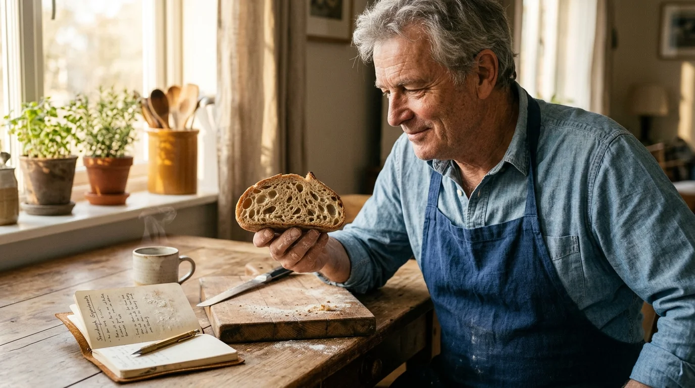 A smiling senior man in a blue apron examines a sliced sourdough loaf next to a notebook on a rustic table.