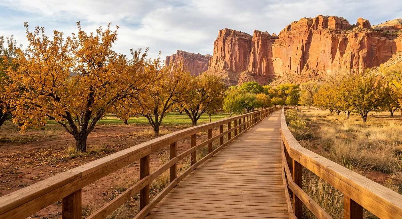 A wooden boardwalk pathway leads through an orchard of yellow autumn trees toward towering red rock cliffs.