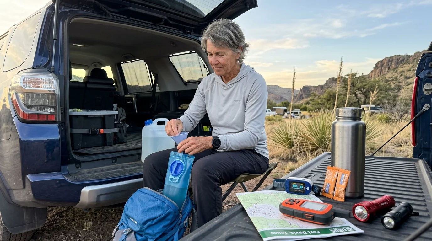 A woman sits by an open vehicle tailgate filling a blue hydration bladder near a map, GPS, and water bottle.