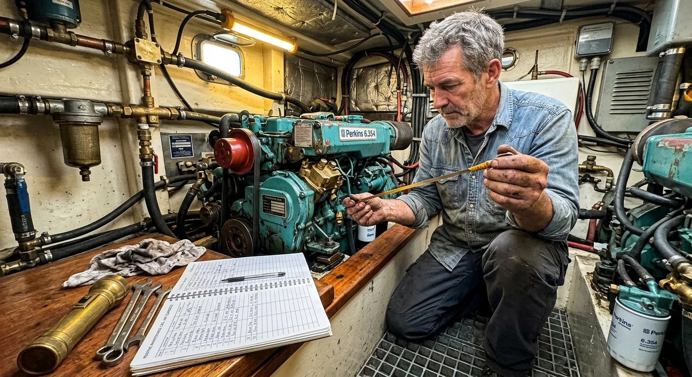 A man checks an engine dipstick in a boat engine room beside an open maintenance log and tools.