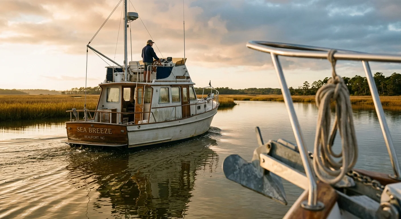 Man helming a trawler boat named Sea Breeze through calm marsh waterways, viewed from another boat's bow.