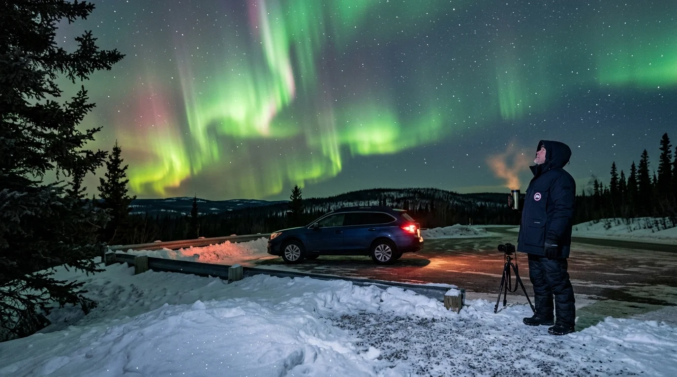A person in winter gear watches bright green aurora borealis in the night sky beside an SUV parked on a snowy roadside.