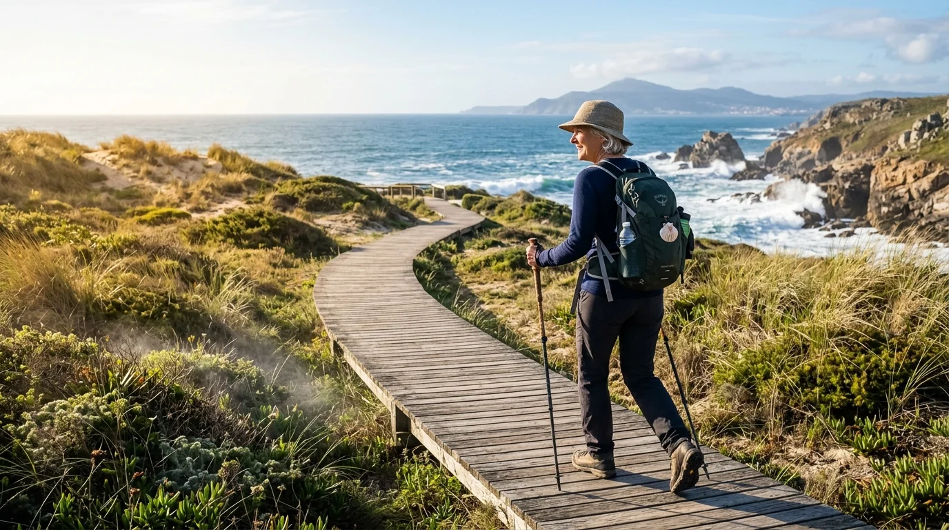 A woman with a backpack and trekking poles walks along a wooden boardwalk path beside a scenic coastal shore.