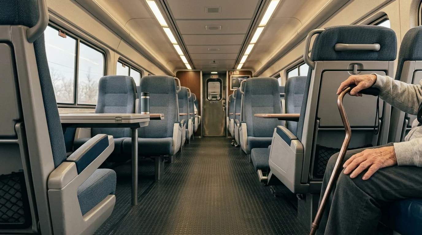 Interior aisle of a passenger train car with blue seats, where a person sits holding a metallic cane.