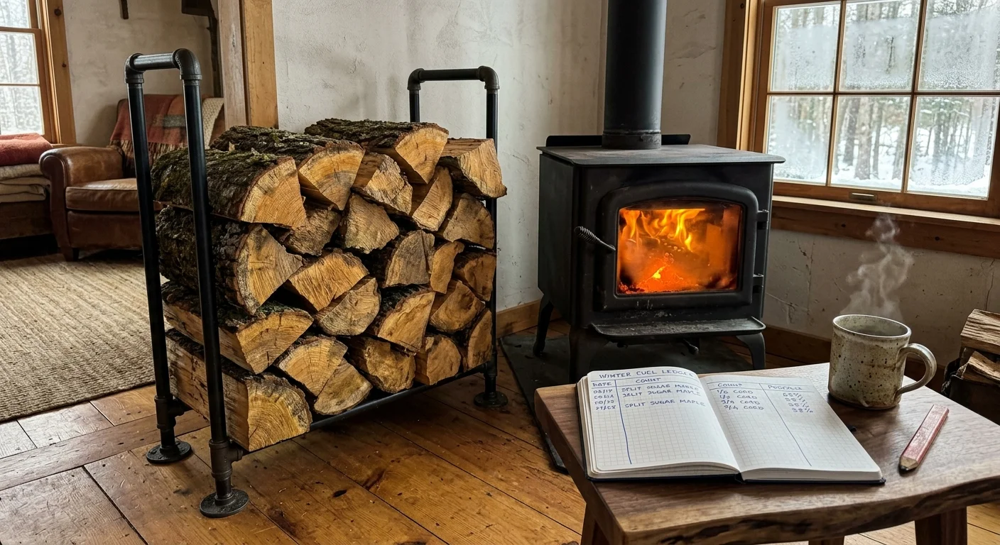 A wood-burning stove with a lit fire next to a firewood rack, notebook ledger, and steaming mug in a cabin.