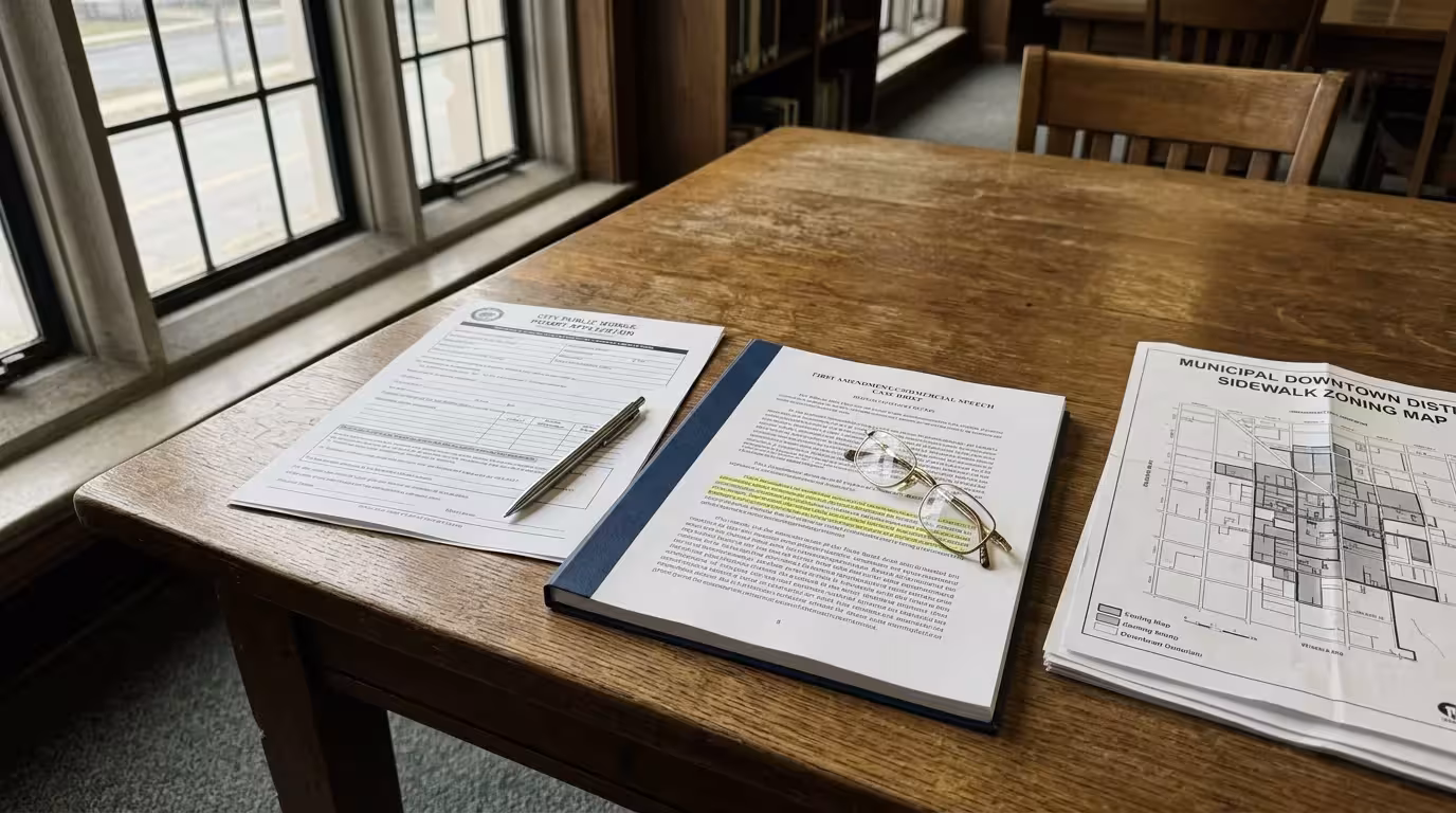 Legal documents, a municipal sidewalk zoning map, reading glasses, and a pen arranged on a wooden library table.