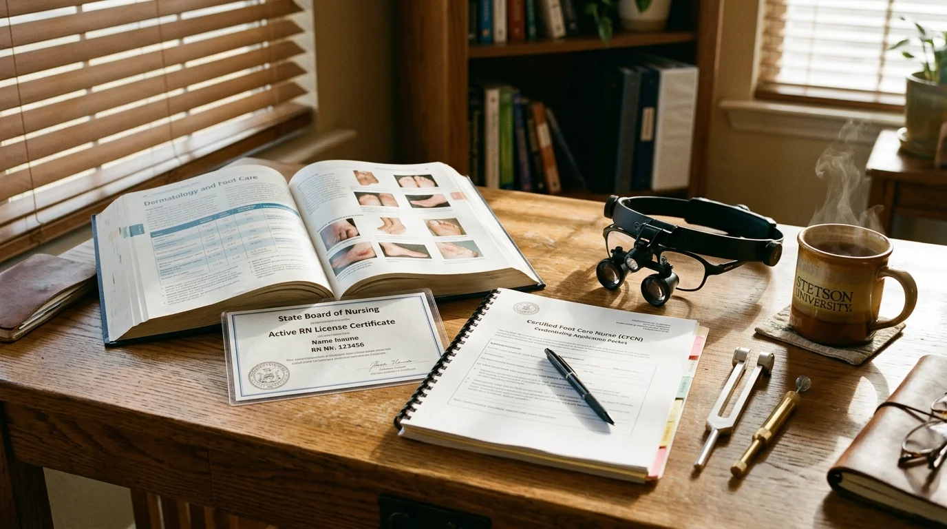 Desk with an open foot care textbook, nursing license certificate, loupes, notebook, and a steaming coffee mug.