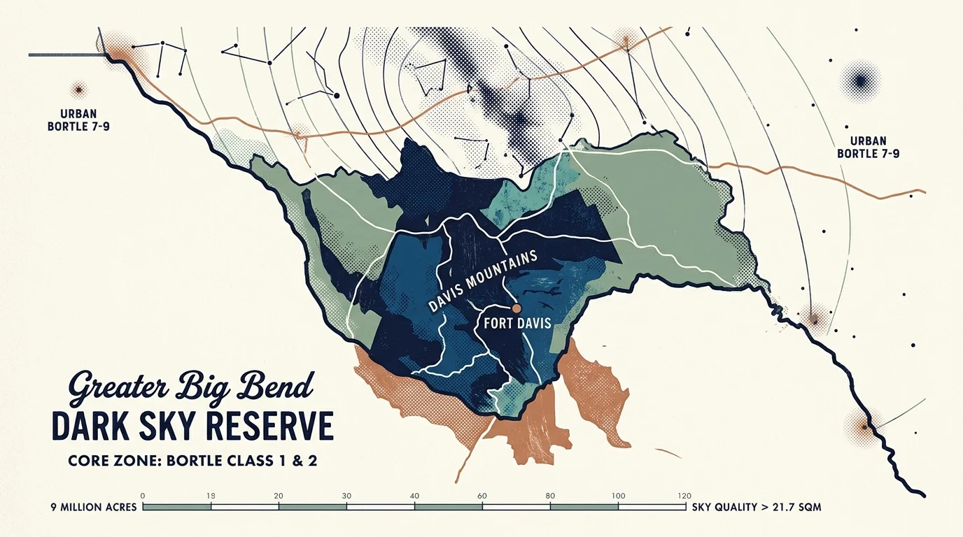 Illustrated map of the Greater Big Bend Dark Sky Reserve featuring Fort Davis and the Davis Mountains core zone.