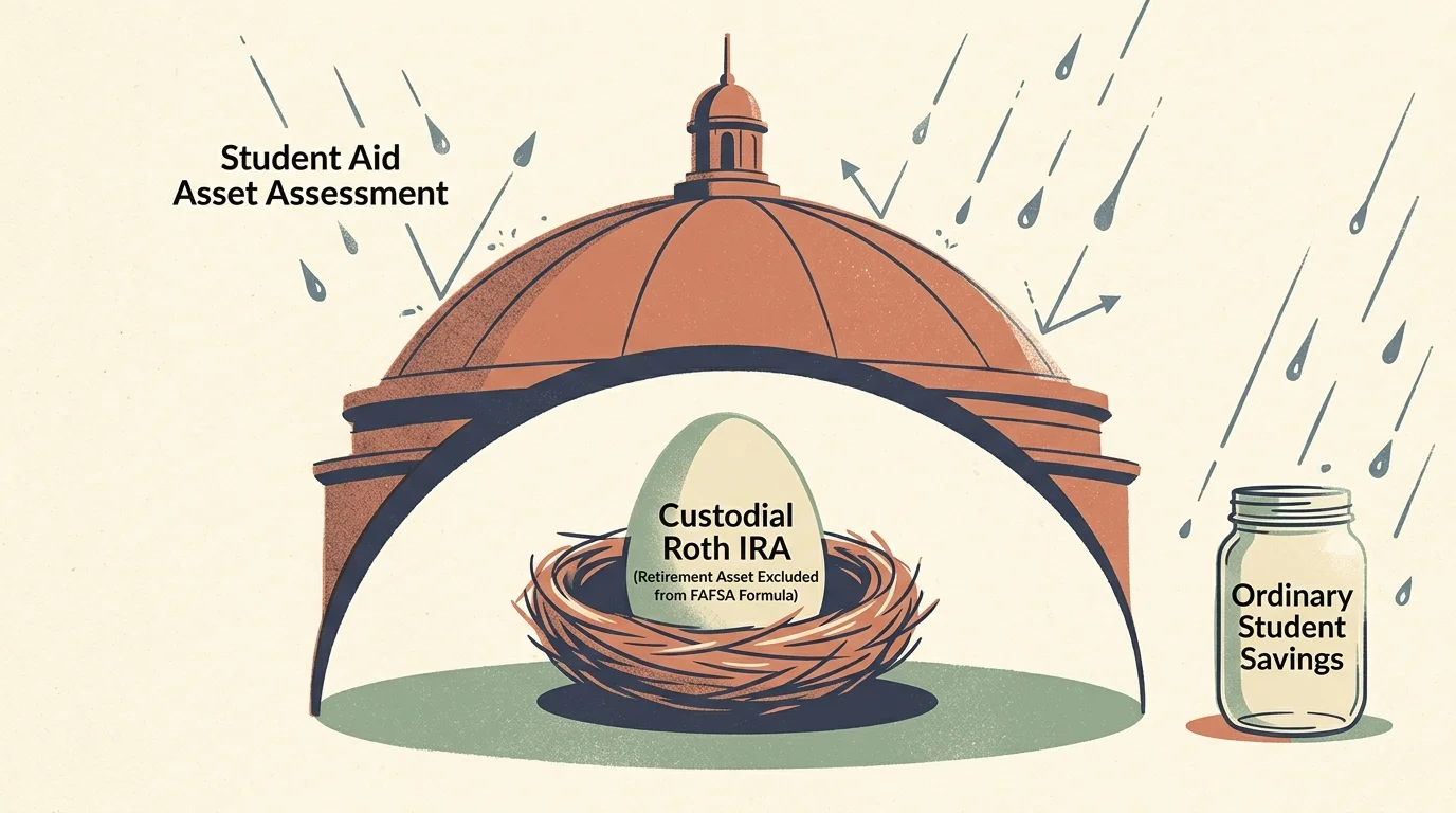Illustration of a dome shielding a nest egg labeled Custodial Roth IRA from rain, beside an exposed jar of student savings.