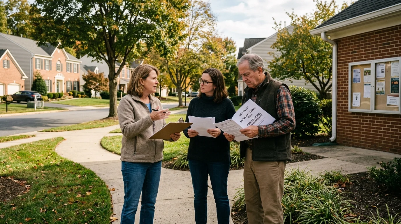 Three adults standing on a suburban sidewalk review papers and a clipboard outside a brick building.