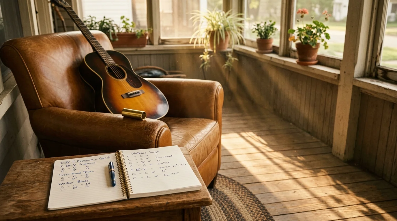 Acoustic guitar resting on a leather armchair on a sunlit porch beside a notebook with handwritten chord progressions.