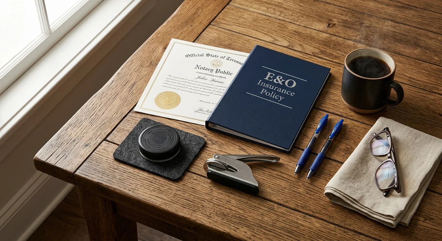 A notary certificate, E&O insurance folder, embosser, ink pad, pens, eyeglasses, and coffee mug on a wooden desk.