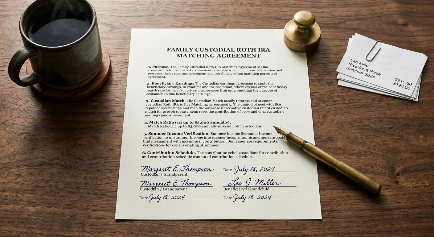 Signed custodial Roth IRA agreement on a wooden desk next to a pen, coffee mug, paperweight, and receipts.