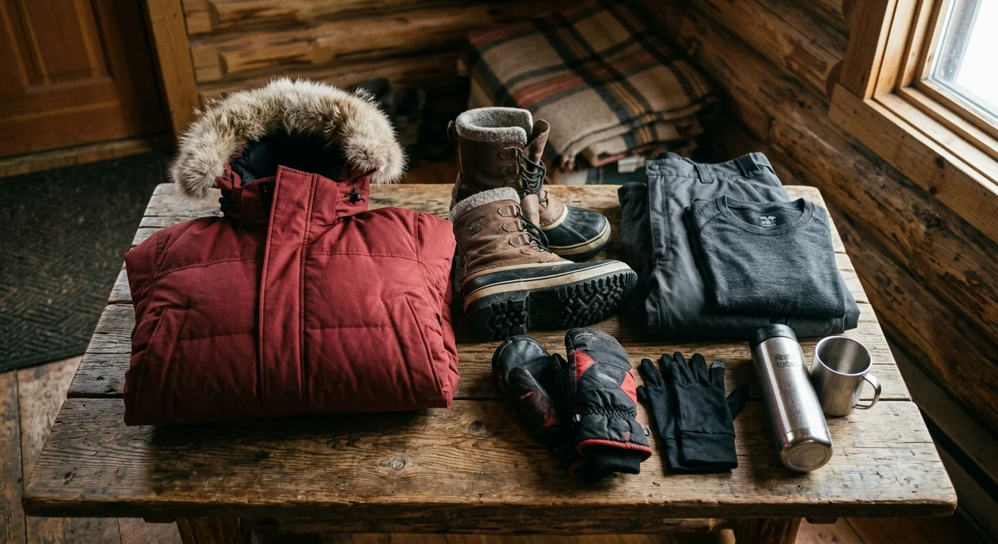 Red parka, snow boots, insulated pants, gloves, and thermos neatly laid out on a rustic wooden table inside a log cabin.