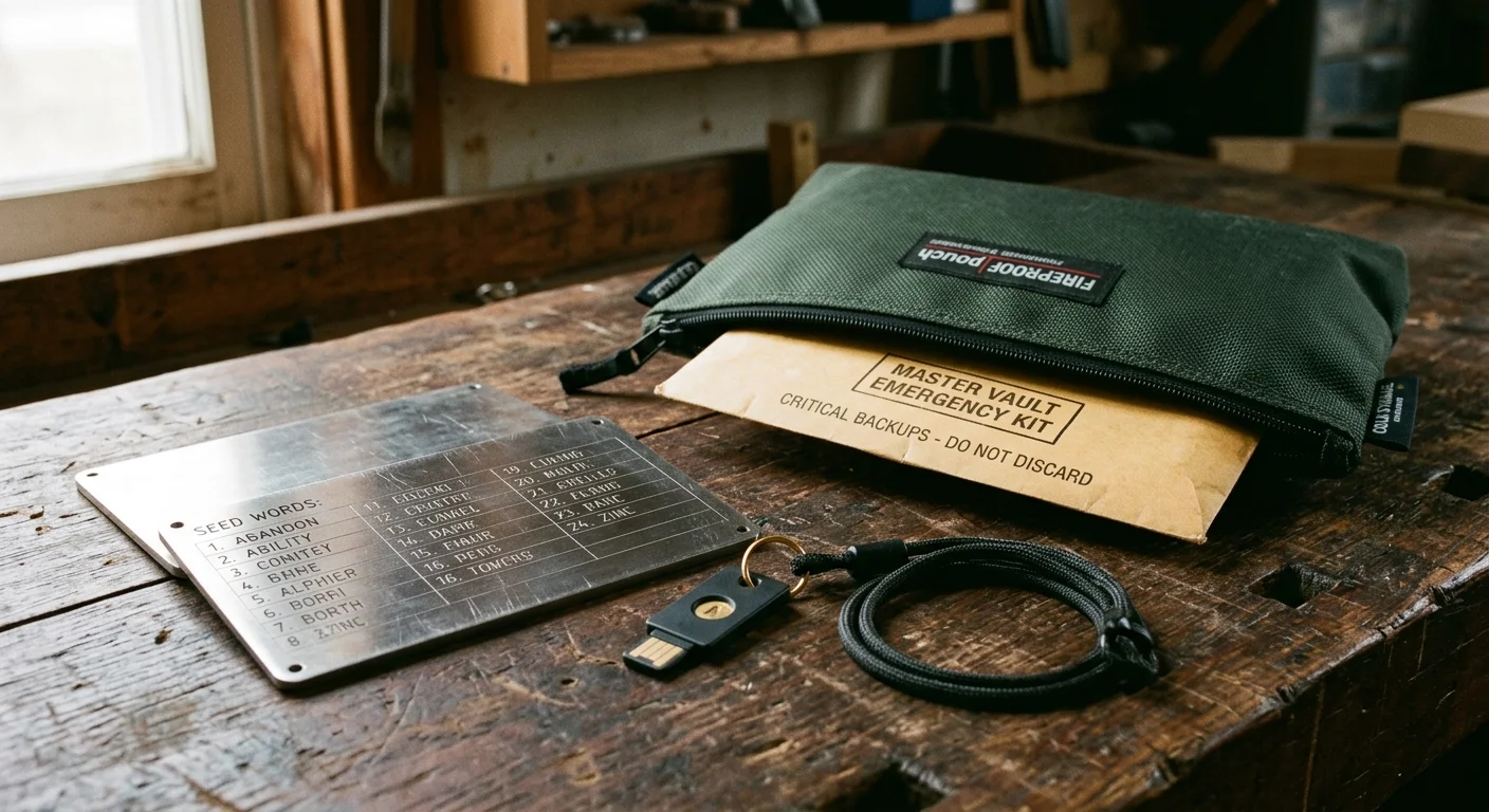 A metal seed phrase plate, USB hardware key, and fireproof pouch containing an emergency kit envelope on a wooden workbench.