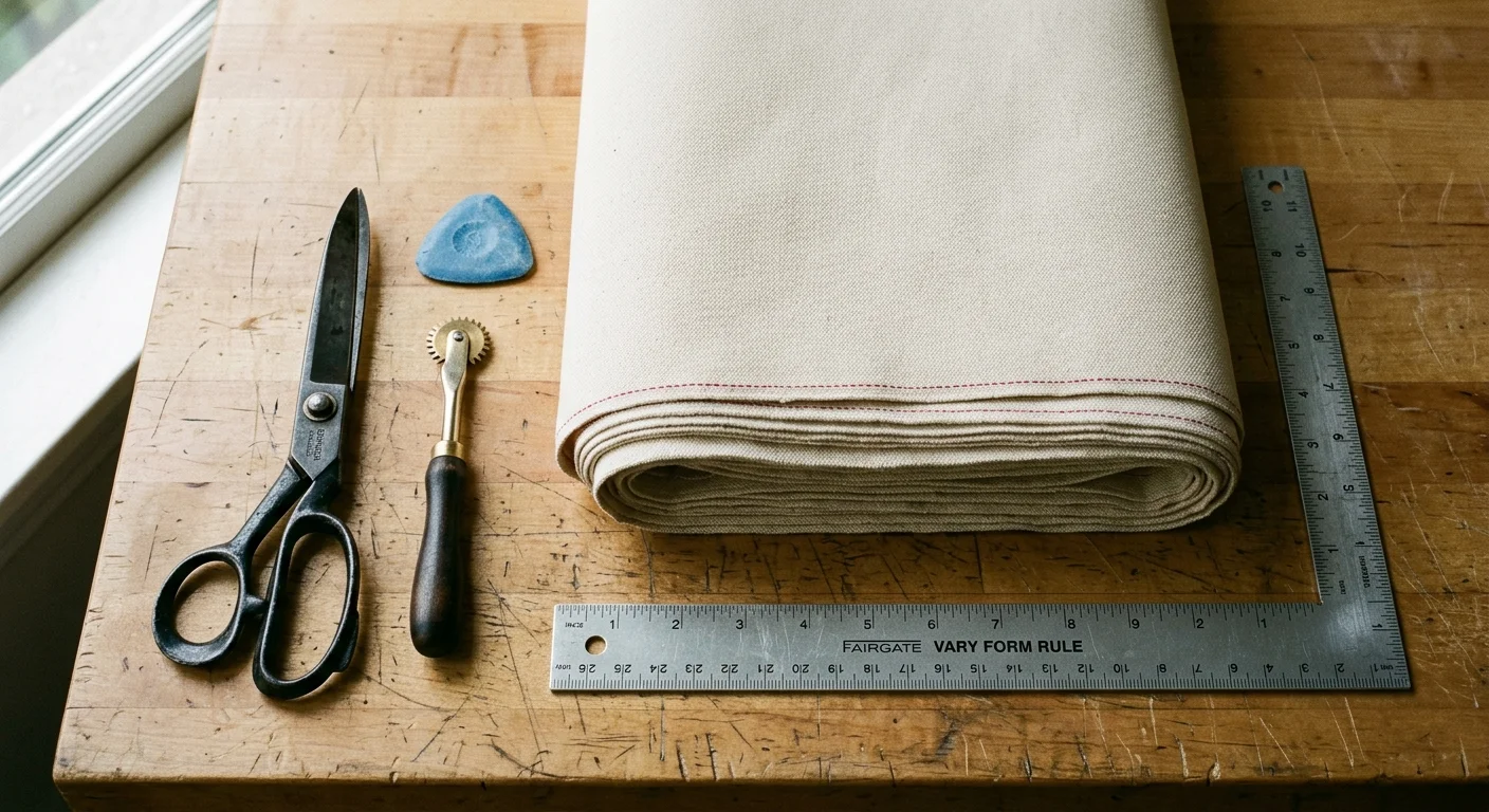 Shears, chalk, tracing wheel, folded canvas fabric, and an aluminum L-square ruler on a worn wooden workbench.