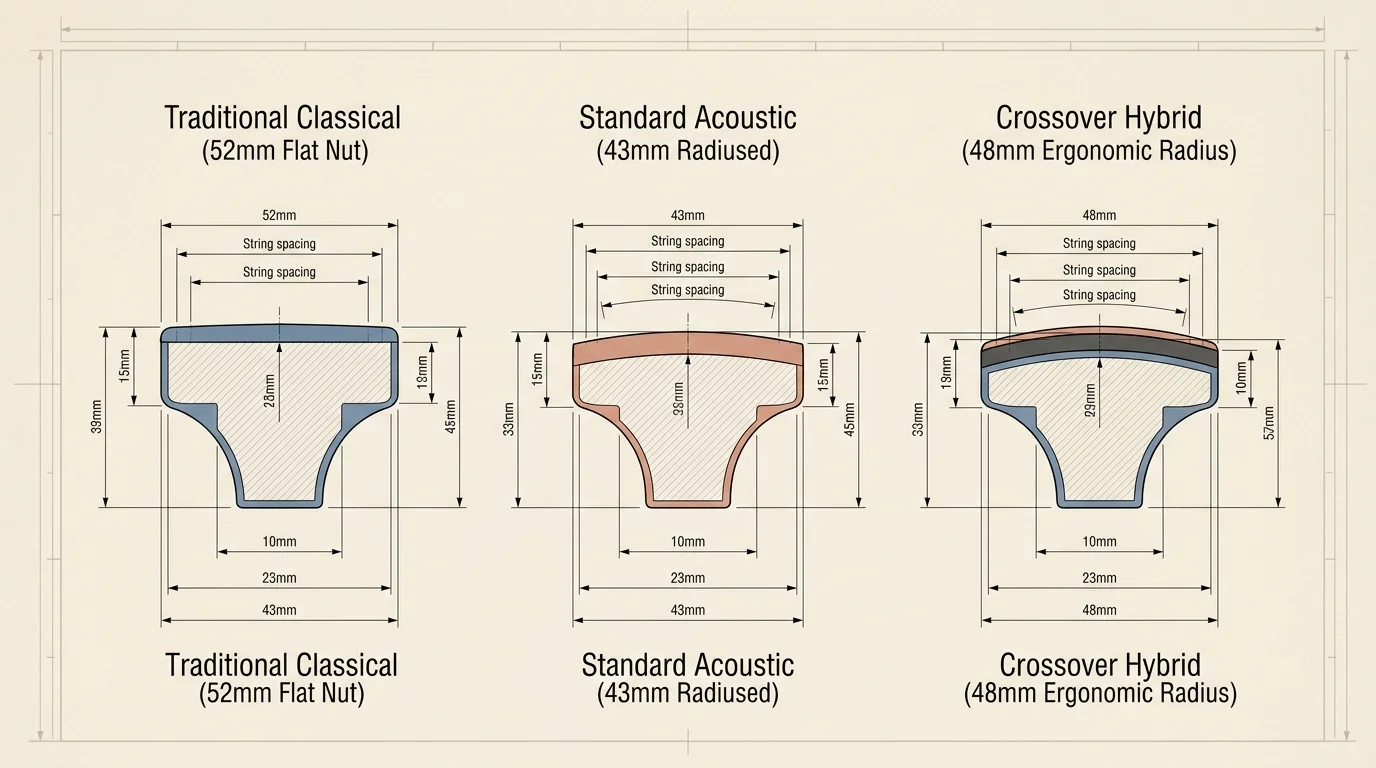 Cross-section blueprint comparing Traditional Classical 52mm Flat Nut, Standard Acoustic 43mm, and Crossover Hybrid 48mm necks.