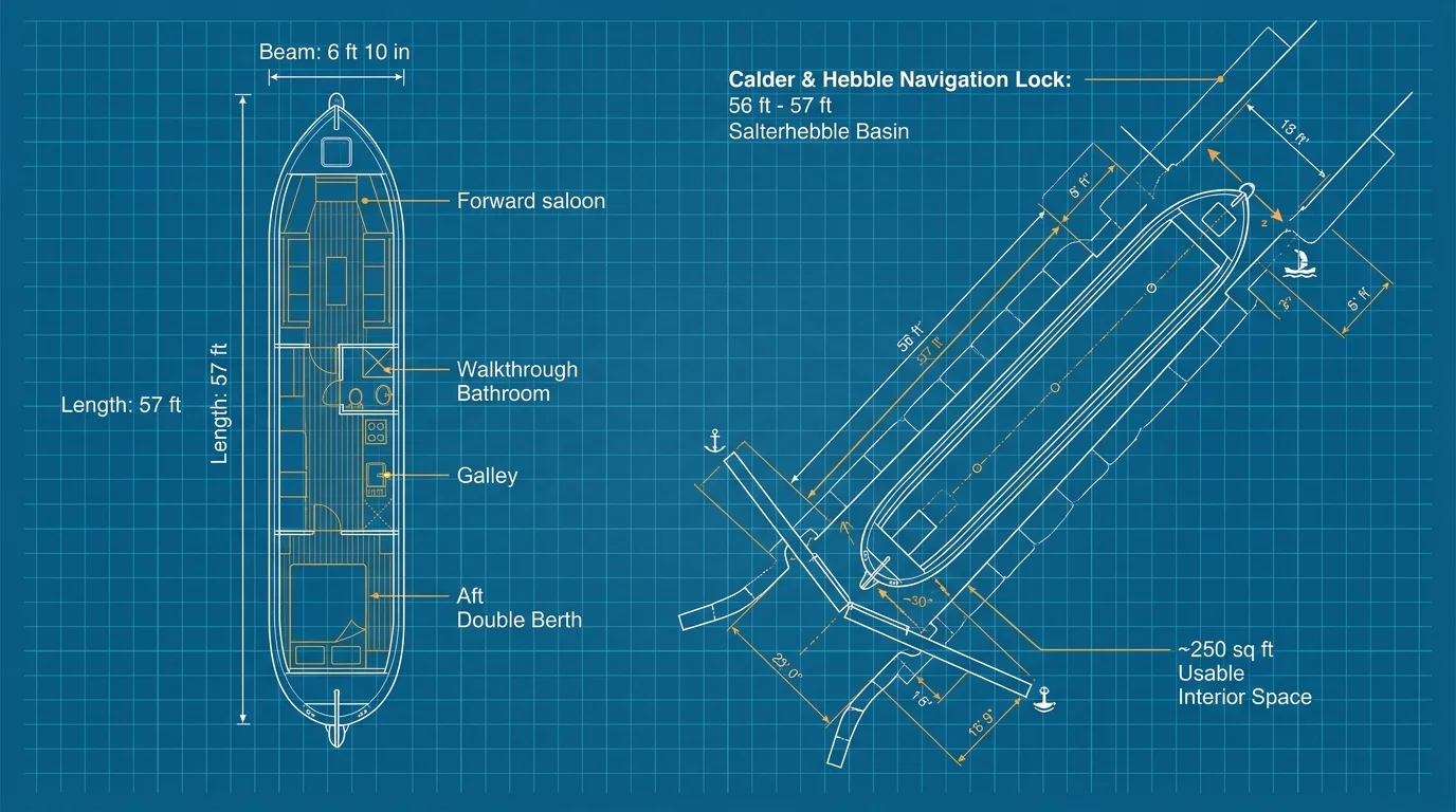 Blueprint diagram showing narrowboat interior layout and its diagonal positioning inside a canal lock chamber.
