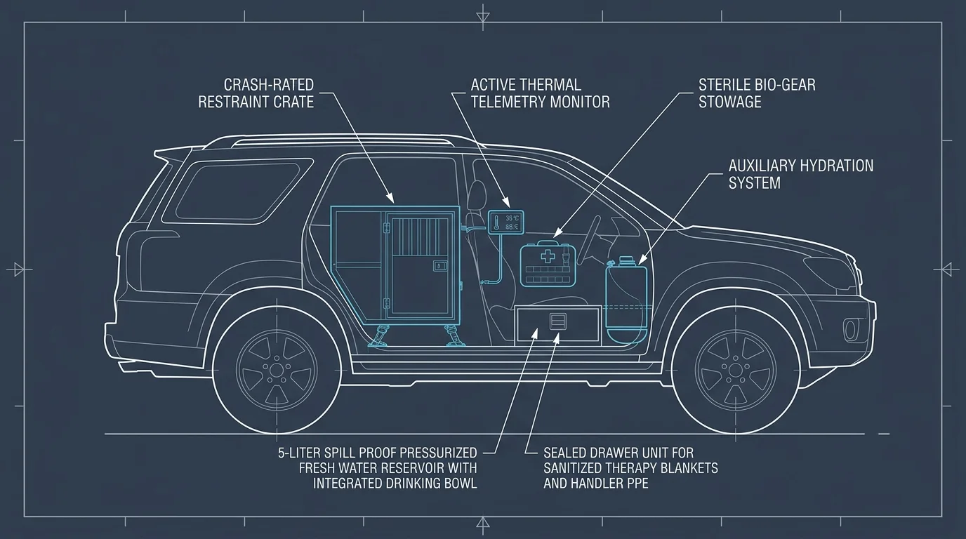 Technical blueprint diagram showing an SUV interior outfitted with a crate, medical gear stowage, and water reservoir.