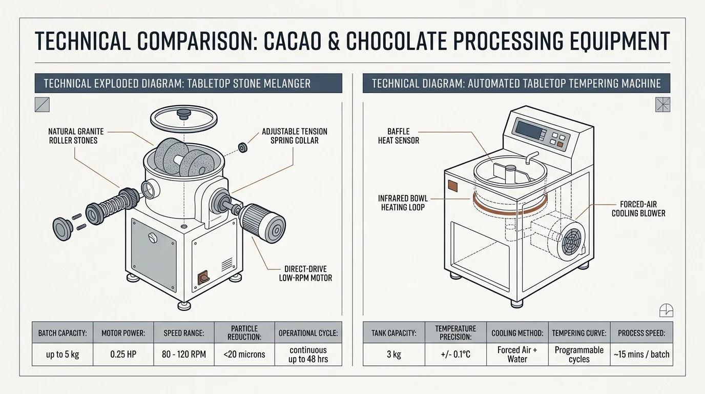 Diagram comparing a tabletop stone melanger exploded view with an automated tabletop tempering machine, detailing components.