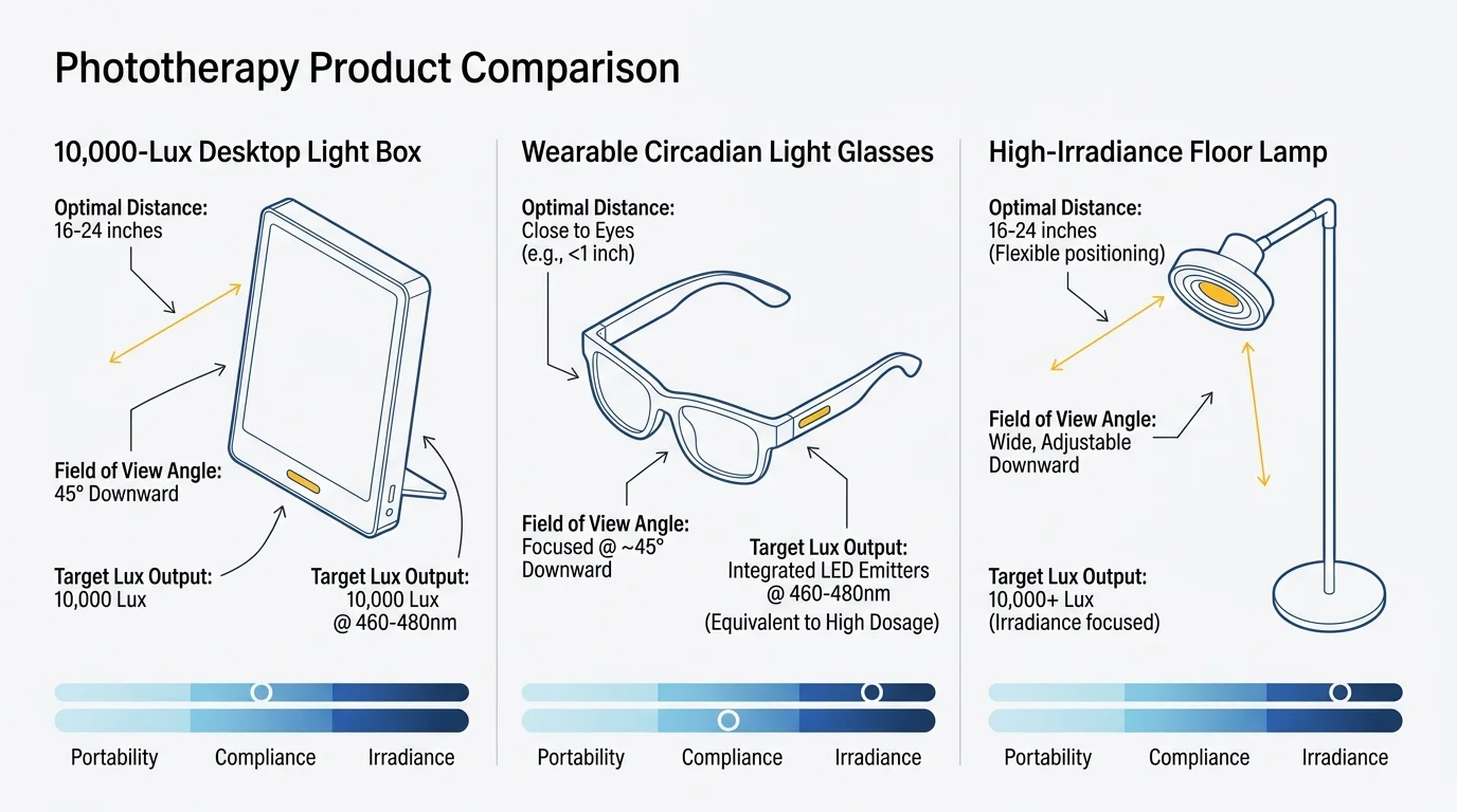 Diagram comparing a 10,000-lux desktop light box, wearable circadian light glasses, and a high-irradiance floor lamp.