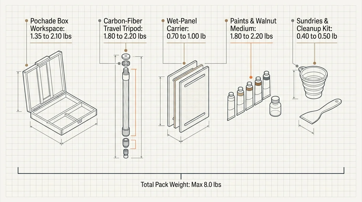 Diagram of plein air painting gear with itemized weights, totaling a maximum pack weight of 8.0 lbs on grid paper.