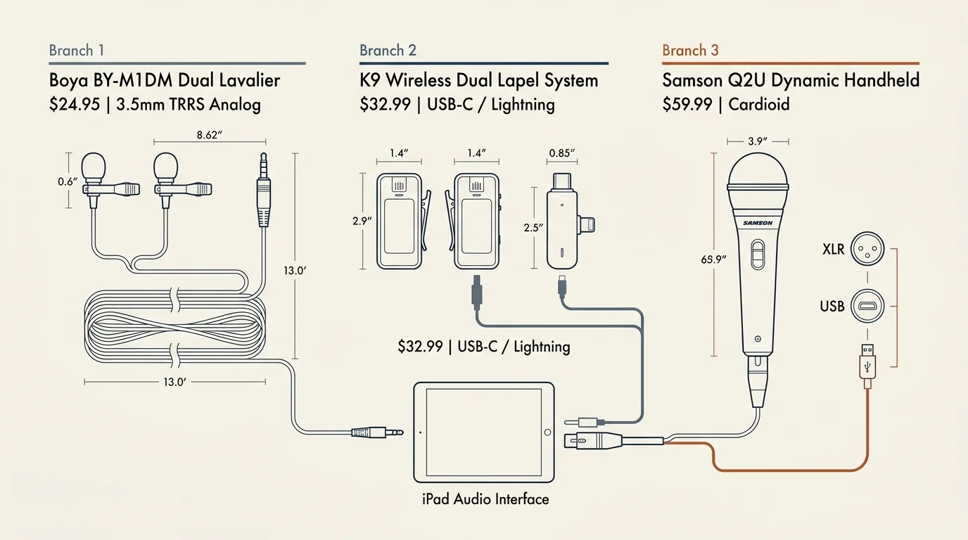Technical diagram of three microphone configurations connected to an iPad audio interface with cable schematics.