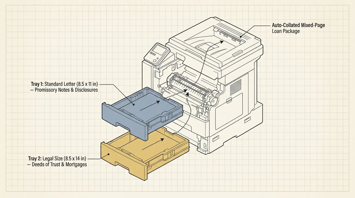 Diagram of a dual-tray printer pulling 8.5x11 letter paper from Tray 1 and 8.5x14 legal paper from Tray 2 into a single output.