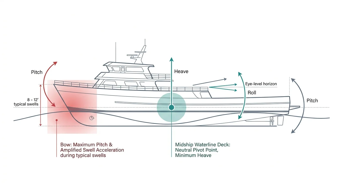 Diagram of a charter boat illustrating pitch, roll, and heave motions, highlighting maximum movement at the bow versus midship.