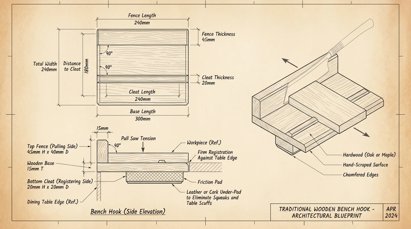Technical blueprint diagram showing top, side, and isometric views of a wooden bench hook with dimensions and a Japanese saw.