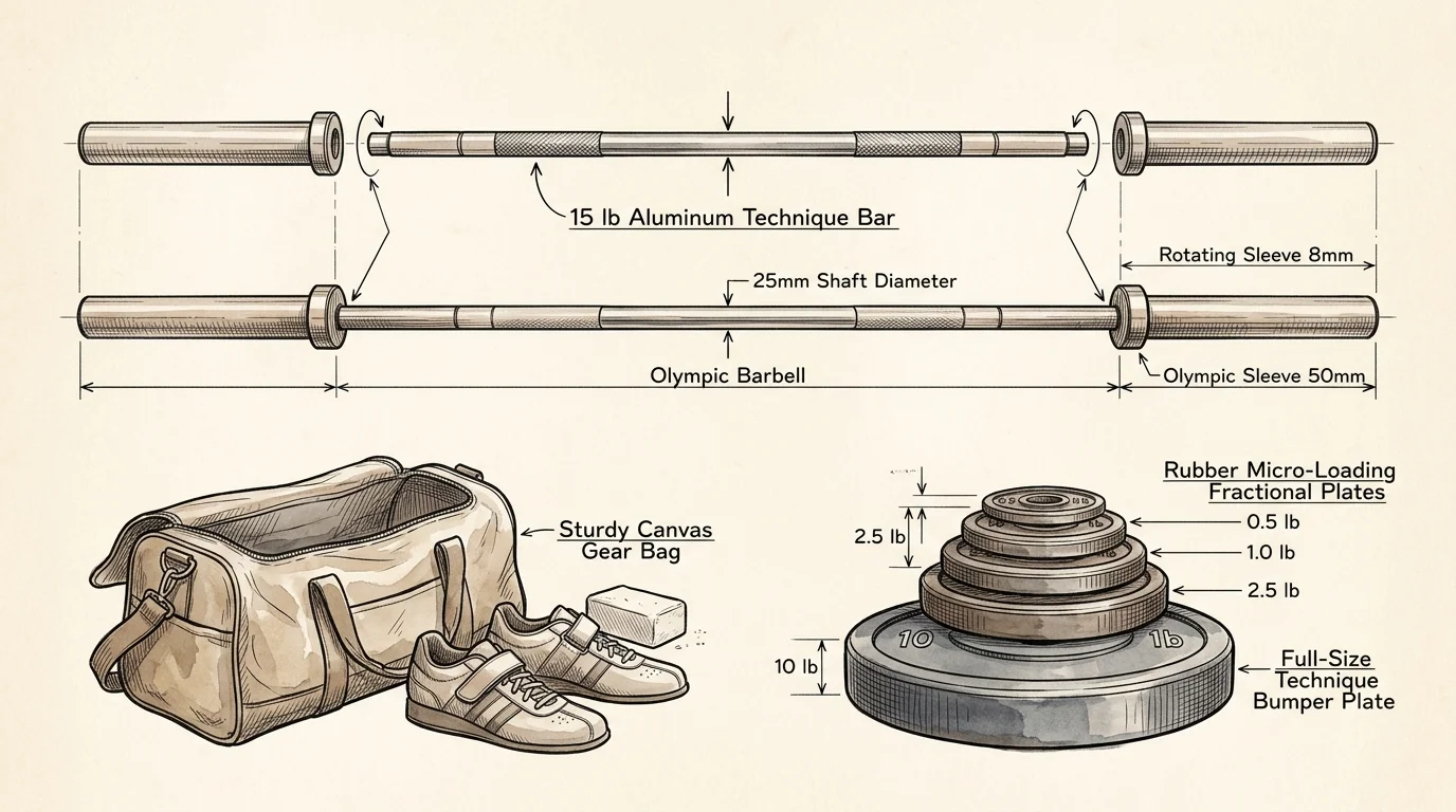 Diagram of barbells with dimension labels alongside a gym bag, lifting shoes, and a stack of weight plates.