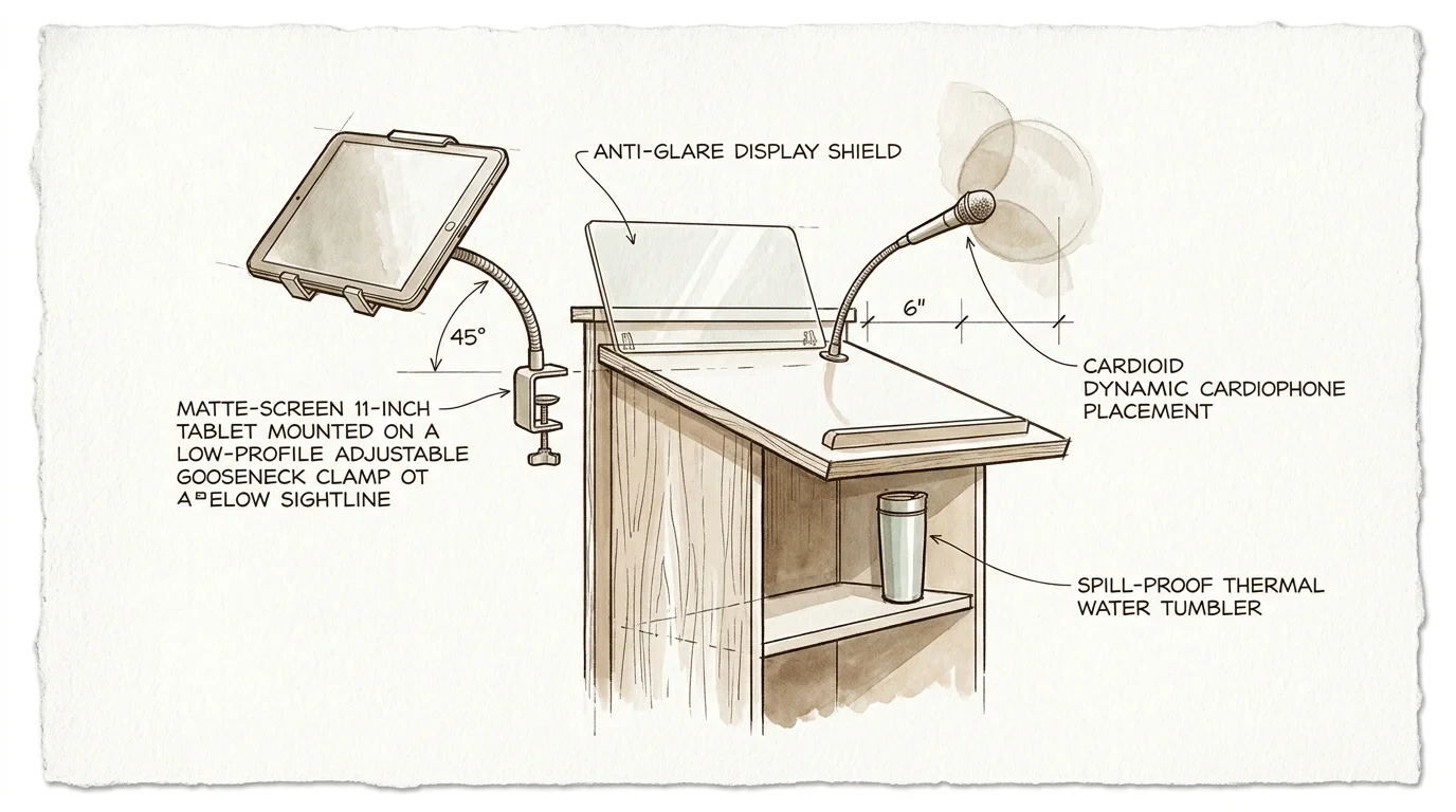Ink sketch diagram of a podium with a clamped tablet display, anti-glare shield, gooseneck microphone, and tumbler.