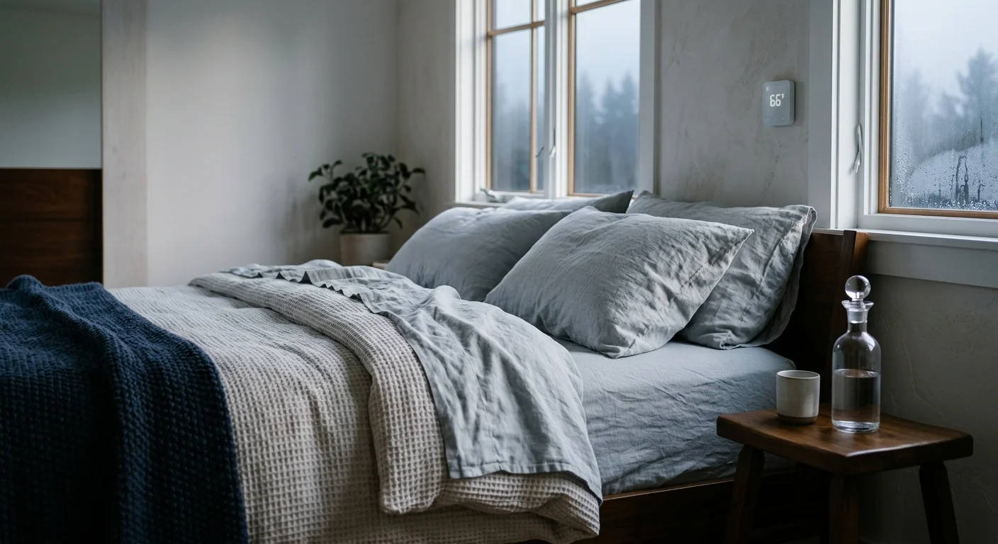 A bed made with light blue linen and textured blankets beside a window and a wall thermostat reading 66 degrees.