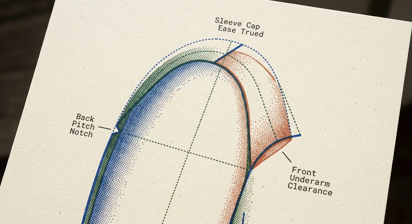 Technical sleeve cap pattern diagram with blue, green, and orange stippling and labeled drafting adjustment lines.