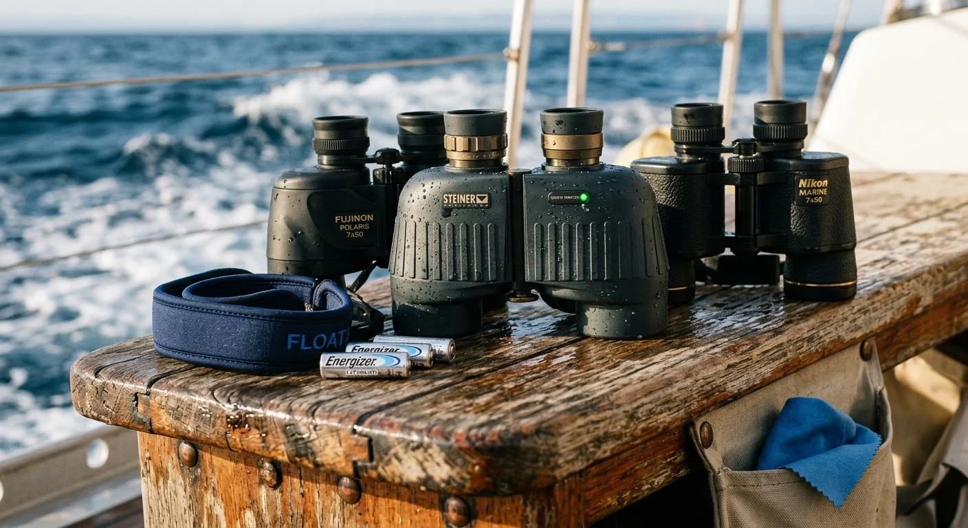 Three pairs of marine binoculars, batteries, and a strap rest on a wooden boat railing overlooking ocean waves.