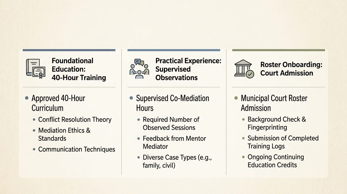 Three-column infographic detailing foundational education, practical experience observations, and roster onboarding.